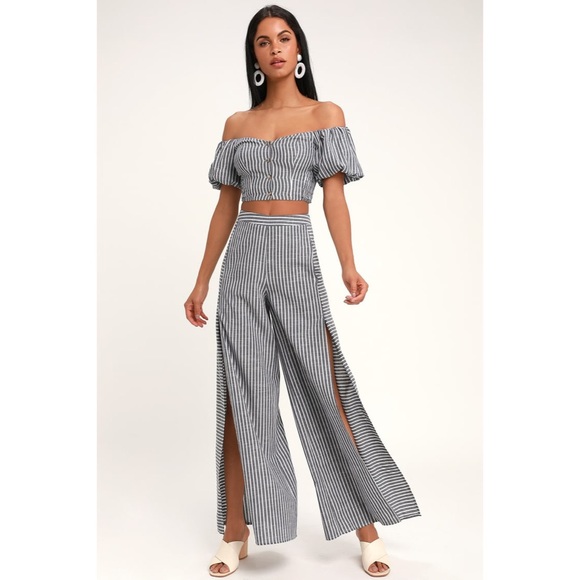 Lulus Pants - Lulu’s Bellport Blue and White Striped Wide-Leg Two-Piece Jumpsuit